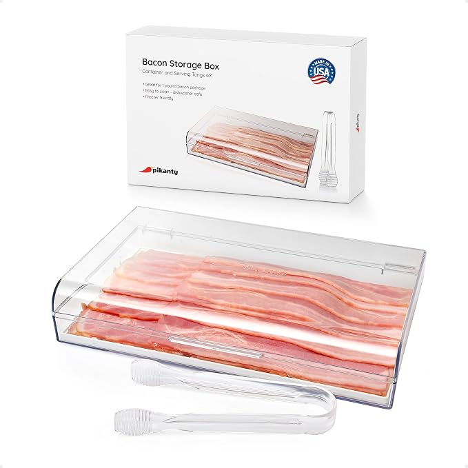 Pikanty Bacon Container for Refrigerator with Tongs & Drain Tray — Airtight Deli Meat Keeper, Cheese & Cold Cuts Storage, Dishwasher & Freezer Safe, Made in USA by Pikanty