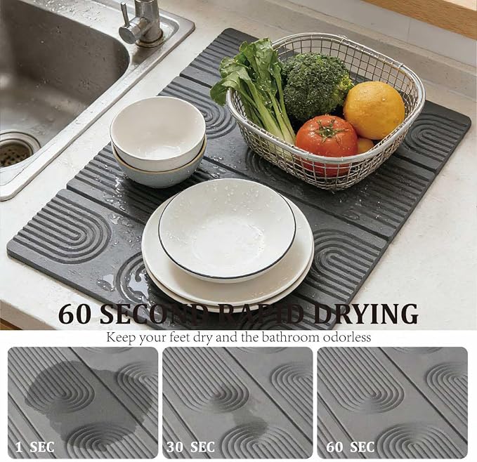 Stone Drying Mat for Kitchen Counter,Foldable(Gray (4-fold), 24" × 16") | Large Quick-Dry Diatomaceous Earth Dish Drying Mat with PU Non-Slip Base,for Bottles Cups Dishes - Image 2