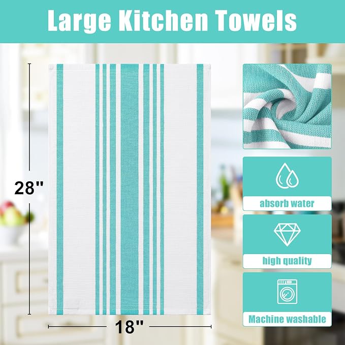 Homaxy Premium Cotton Stripe Kitchen Towels 3 Pack, 18"x 28", Teal | Large 380 GSM Kitchen Hand Towels, Soft Terry Dish Towels, Highly Absorbent Tea Towel Set with Hanging Loop - Image 8