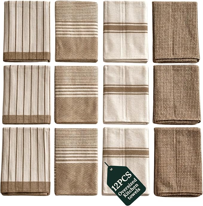 CSL Pack of 12 Kitchen Towels, Absorbent & Soft, Oversized, 18x28 - Beige by CloudScapeLinen