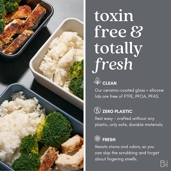 Glass Food Storage Container with Lid, 5-Cup Medium Square | Microwave-Safe Airtight Lid, Oven-Safe Ceramic-Coated Glass | Zero Plastic, No PFAS/PFOA/BPA, Reusable [Crema] - Image 3