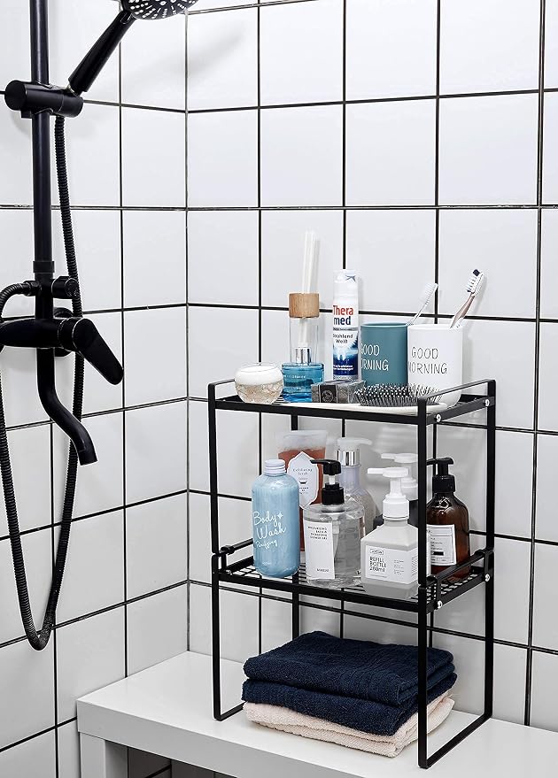 Shantton 2pk Kitchen Cabinet Shelf Counter Organizer Rack Pantry Storage Bathroom Bedroom Office Table Desk Space Saving Steel Frame Stackable Rust Resistant Non Slip Black-Tall-L13in W8.3in H9.5in | 2-Pack Stackable Metal Riser Holds 40LBS with Non-Sl... - Image 9