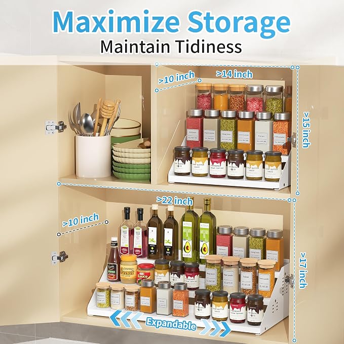 BOIVSHI Seasoning Organizer, 3 Tiered Spice Rack for Cabinet, White | Spice Organization for Cabinet - Expandable Width & Adjustable Height, Metal Spice Organizer for Cabinet, Countertop, Pantry - Image 5
