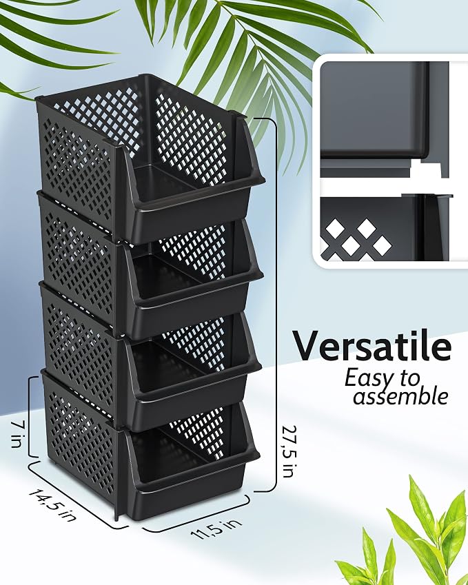 Skywin Stackable Storage Bins Open Front for Pantry Storage, 4 Pack - Black | Sturdy Plastic, Easy Stacking, Open Front Access, Ventilated Sides, Vertical & Space Saving Pantry Organizers and Storage Bin - Image 2