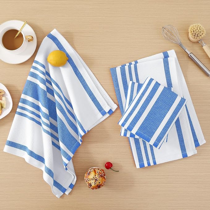 Homaxy Premium Cotton Stripe Kitchen Towels 8 Pack, 18"x 28", Blueberry | Large 380 GSM Kitchen Hand Towels, Soft Terry Dish Towels, Highly Absorbent Tea Towel Set with Hanging Loop - Image 6