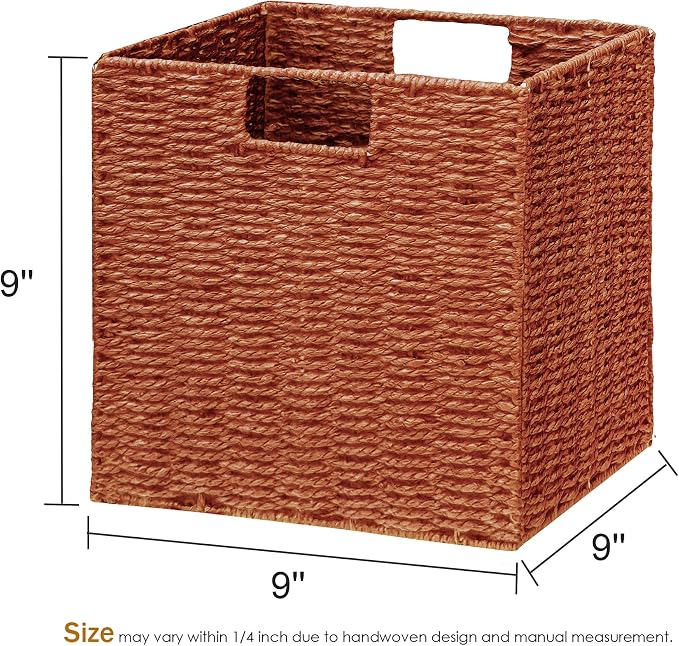 Wicker Storage Basket, Set of 2 Hand-Woven Paper Rope Wicker Basket, Foldable Cube Storage Bins, 9 inch Square Storage Baskets for Organizing Shelves & Decor, Orange (9″×9″×9″) - Image 2