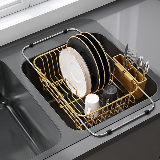 JASIWAY Gold Dish Drying Rack in Sink with Utensil Holder, RV, Apartment | Over Sink Expandable Stainless Steel Dish Drainers for Compact Kitchen, Space Saving, Fast Drain, Rustproof, For 1-2 people by JASIWAY