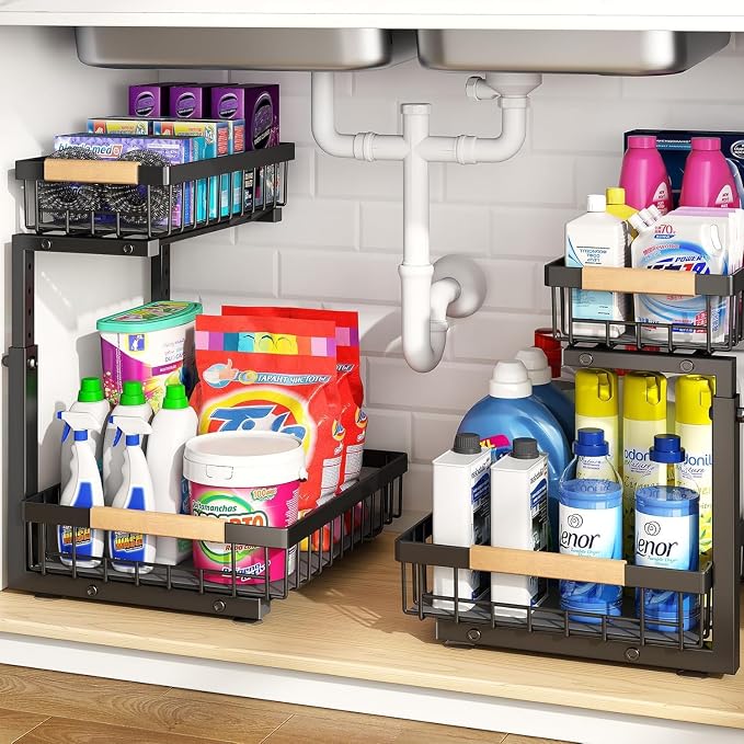 PXRACK Under Sink Organizer, Adjustable Height, 2 Tier Pull Out Under Cabinet Organizer, Slide Out Thickened Metal Under Sink Storage for Kitchen Bathroom Laundry Pantry Cabinet, Black, Small-2-Pack - Image 9