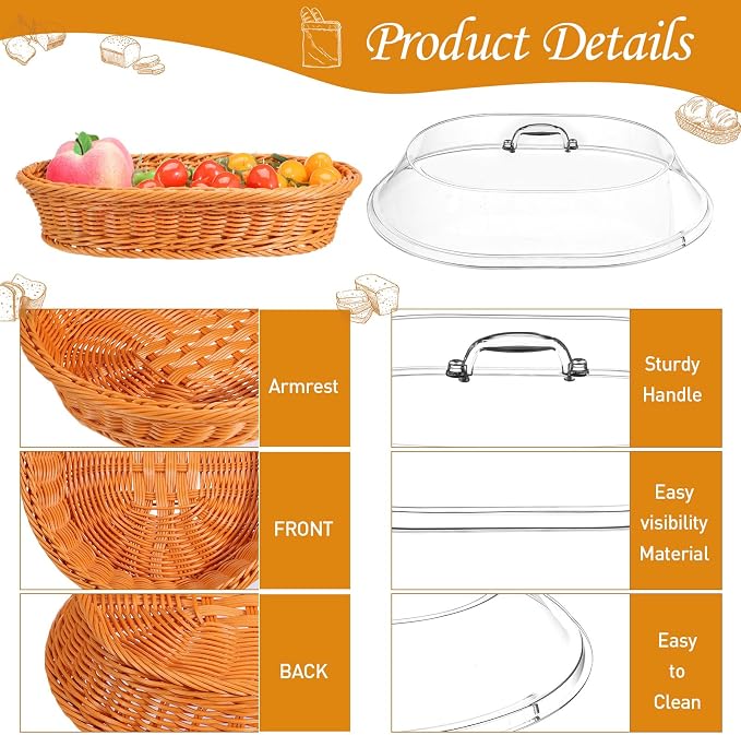 Hushee 2 Set Imitation Rattan Bread Basket with Lid Wicker Bread Baskets for Serving Woven Fruit Basket with Cover Oval Food Baskets for Food Vegetables Display(13.78 x 9.84 Inch) - Image 4