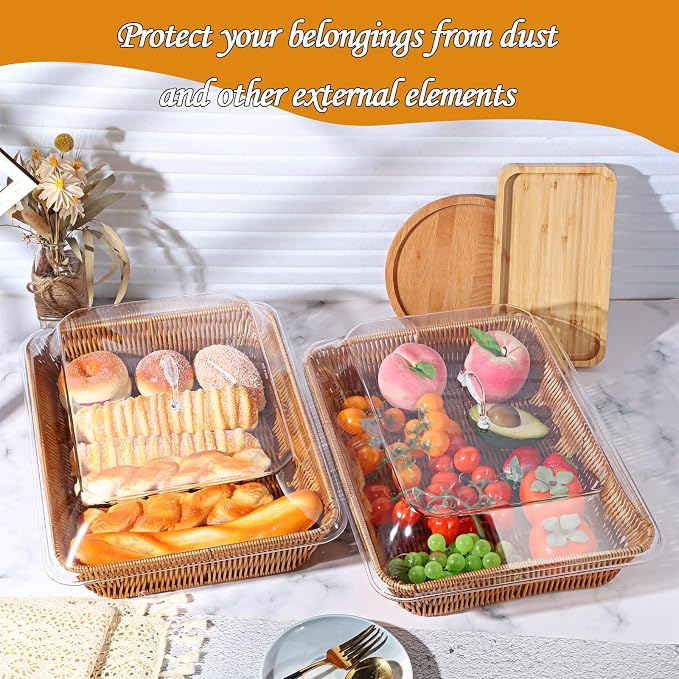 2 Set Wicker Bread Basket for Serving with Acrylic Lid Cover Imitation Rattan Bread Basket Woven for Fruit Summer Picnic BBQ Pool Party Outdoor Housewarming Gift(15.75" X 11.81",13.78" X 9.84") - Image 5