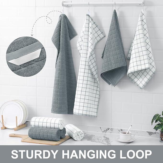 Homaxy Large Premium Cotton Kitchen Towels 16"x 28", 8 Pack, Grey | Natural Ring Spun 390 GSM Dish Towels, Super Absorbent Terry Kitchen Hand Towels, Soft Tea Towels with Hanging Loop - Image 6