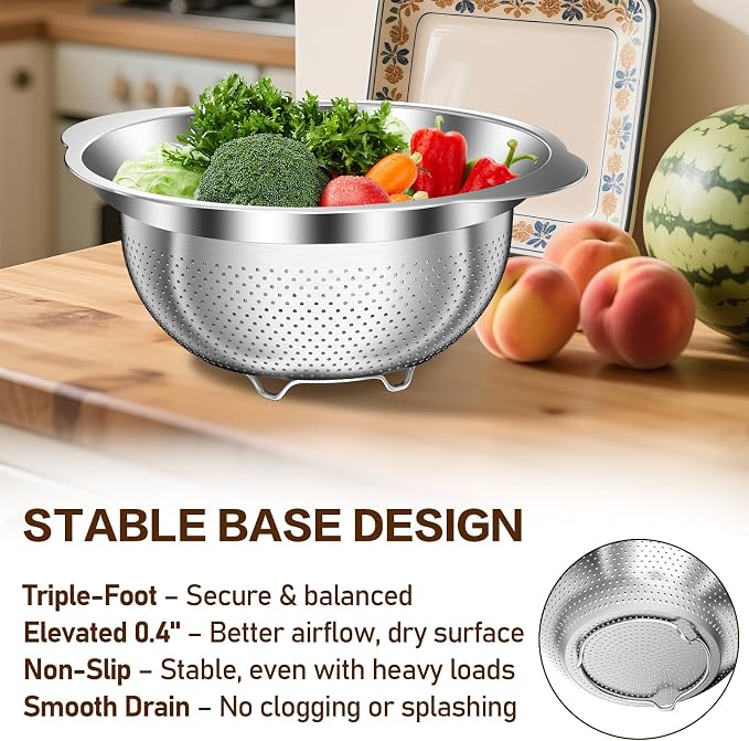 3.5QT Colander with Bowl, Rice Strainer, Stainless Steel Mixing Bowls with Strainer, Pasta Strainer, Colander for Kitchen for Rice Pasta Fruits Vegetables, Rice Cleaner Strainer, Dishwasher Safe - Image 2