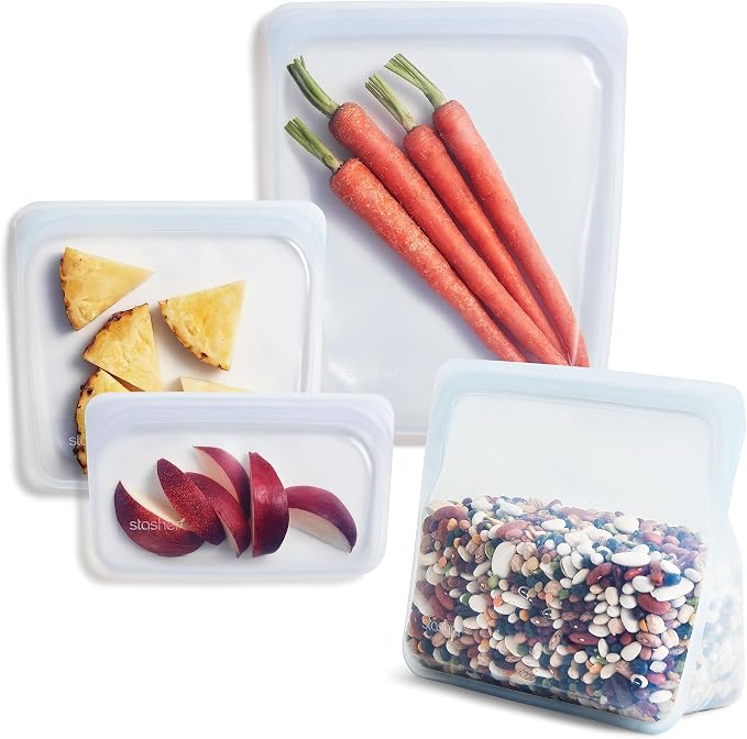 Stasher Premium Reusable Silicone Food Storage Bags, 4-Pack, Clear | Food-Safe Silicone, Eco-Friendly, Reusable Freezer Bags, Microwave, Dishwasher, Oven, Snack Bags, Lunch Containers, Meal Prep by Stasher