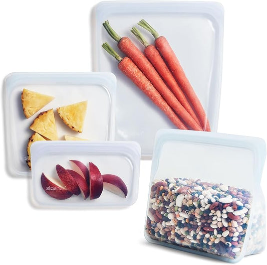 Stasher Premium Reusable Silicone Food Storage Bags, 4-Pack, Clear | Food-Safe Silicone, Eco-Friendly, Reusable Freezer Bags, Microwave, Dishwasher, Oven, Snack Bags, Lunch Containers, Meal Prep by Stasher