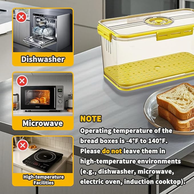 Airtight Bread Box for Kitchen Countertop, Yellow, 2 PCS | Time Recording Dial, Multi-Use Food Storage, Container with Lid, Draining Tray, For Homemade Bread, Sourdough, Toast, Cookies - Image 6