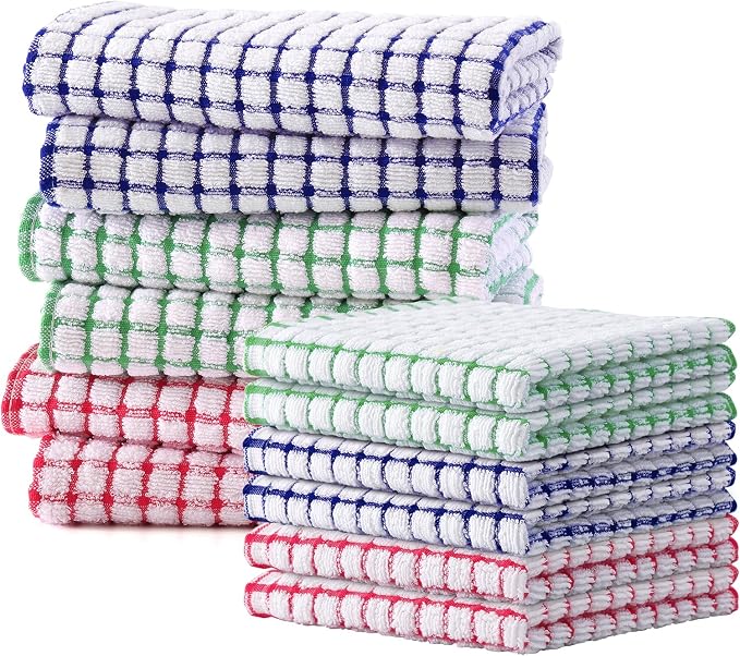 Kitinjoy Cotton 12 Pack Kitchen Towels and Dishcloths Sets, Mixed Color | 16 x 25 Inch & 12 X 12 Inch Dish Towels Bulk, Super Soft and Absorbent hand towels for kitchen Drying by Kitinjoy