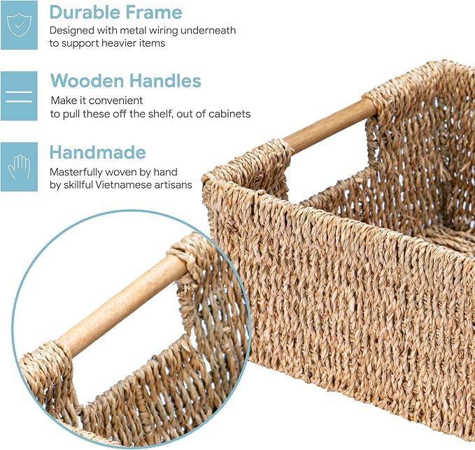 Large Natural Wicker Basket Rectangular with Wooden Handles, Seagrass Storage for Organizing, Shelves 15.5 x 10.6 x 5.5 inches - Image 4
