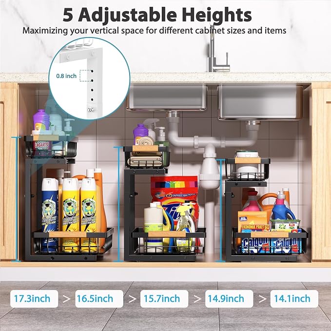 Liuoud Under Sink Organizer 2 Pack, 2 Tier Slide Out Large Capacity Height Adjustable Under Sink Organizers and Storage for Kitchen Bathroom Cabinet, Black - Image 3