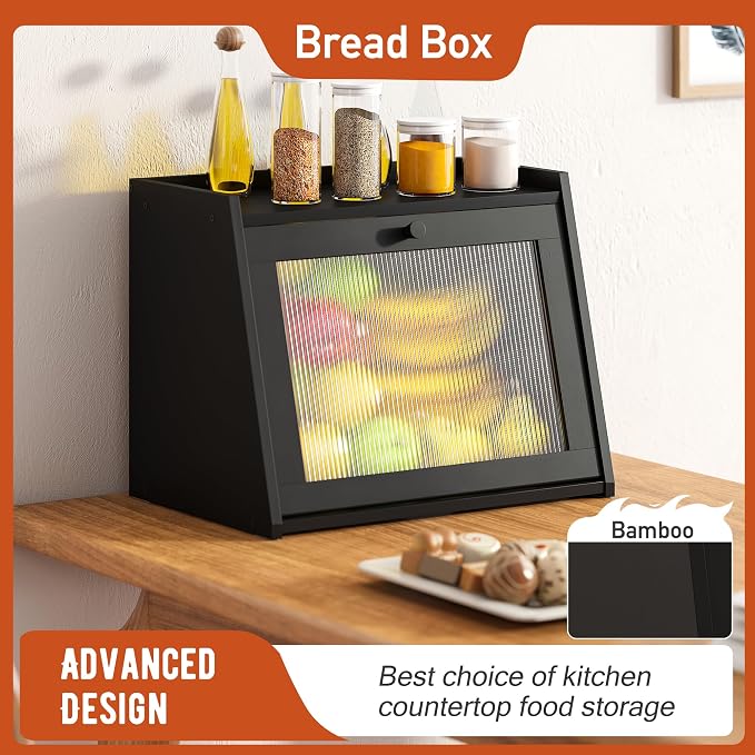GHWIE Large Bread Box, Easy Access & Cleaning - Bamboo Bread Box for Kitchen Countertop with Acrylic Door (Black, Large) - Image 2