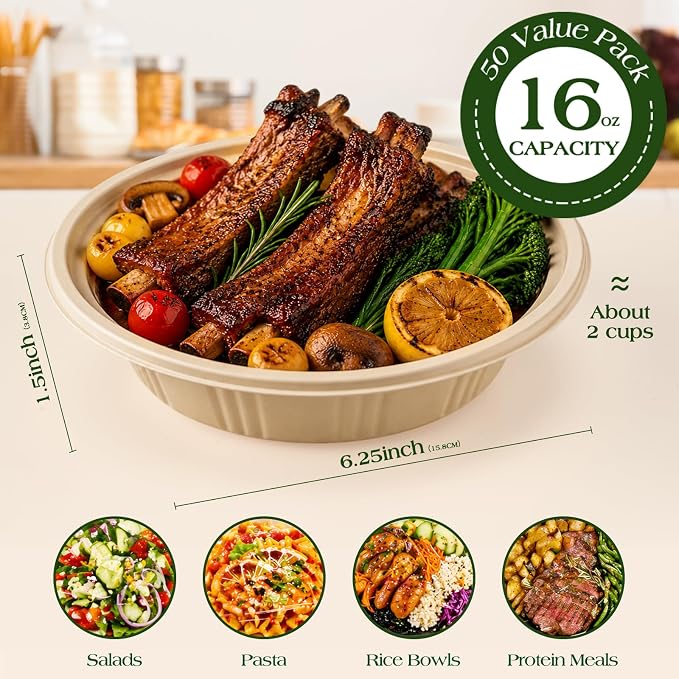 100 Piece (50 Pack) Meal Prep Bowl Containers with Lids, Cornstarch Round Food Containers for Lunch Salad Deli Soup, BPA Free Plant-based Take Out Containers Microwave & Freezer Safe, 16 oz - Image 4