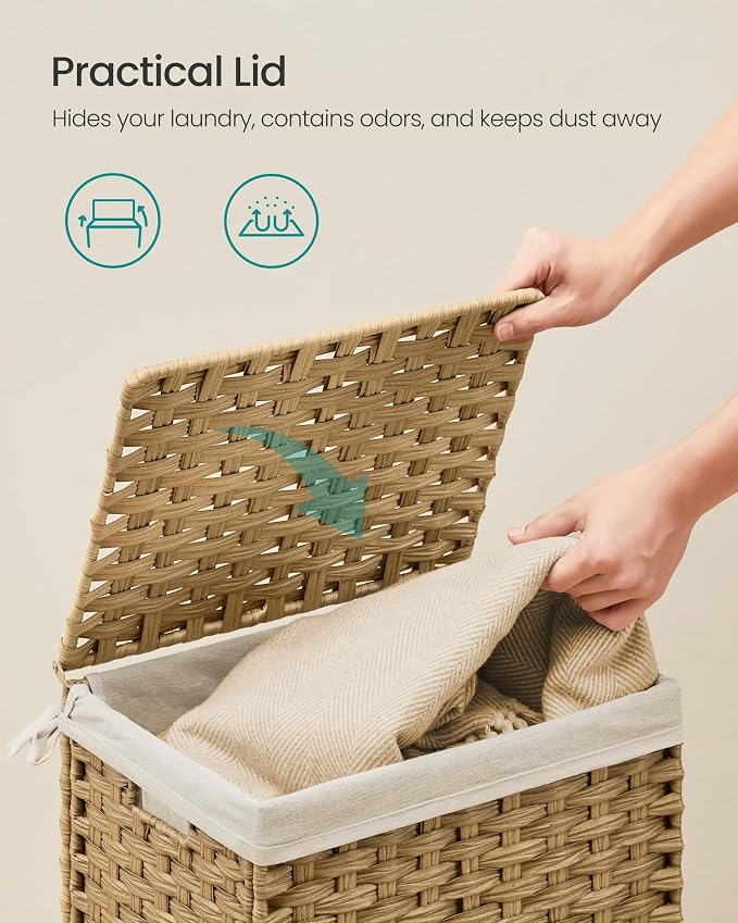 SONGMICS Storage Basket with Lid, Woven Blanket Storage Bin with Handles, Foldable, Removable Liner, Metal Frame, for Bedroom, Laundry Room, 9.2 Gallons (35 L), Natural URST040YE01 - Image 4