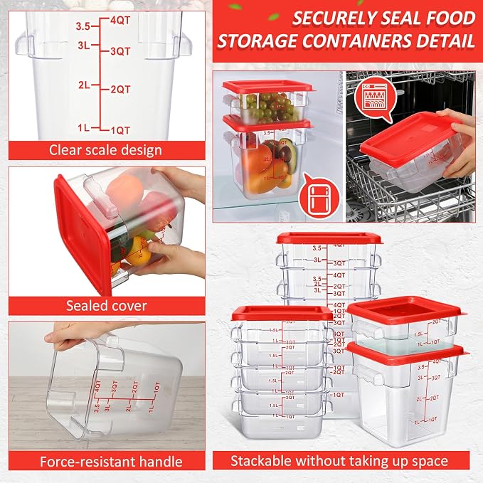 Yungyan 16 Pcs Restaurant Food Storage Containers with Lids Set 2Qt and 4Qt Commercial Restaurant Square Storage Containers Clear Food Cereal Container for Kitchen Freezer (Red Lids) - Image 3