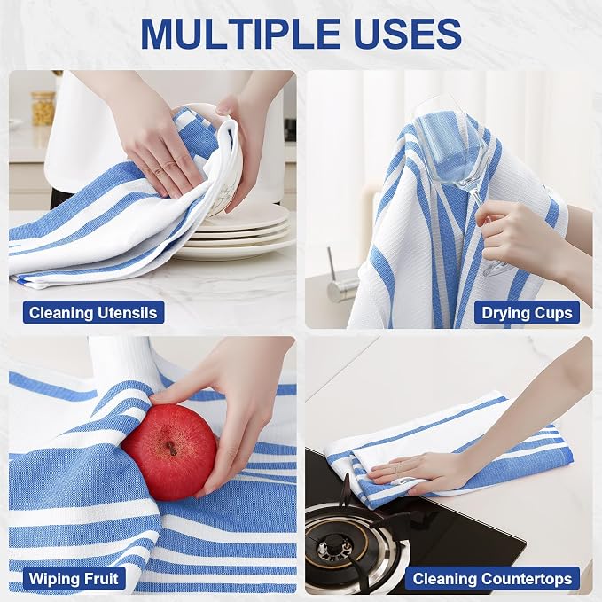 Homaxy Premium Cotton Stripe Kitchen Towels 3 Pack, 18"x 28", Blueberry | Large 380 GSM Kitchen Hand Towels, Soft Terry Dish Towels, Highly Absorbent Tea Towel Set with Hanging Loop - Image 4