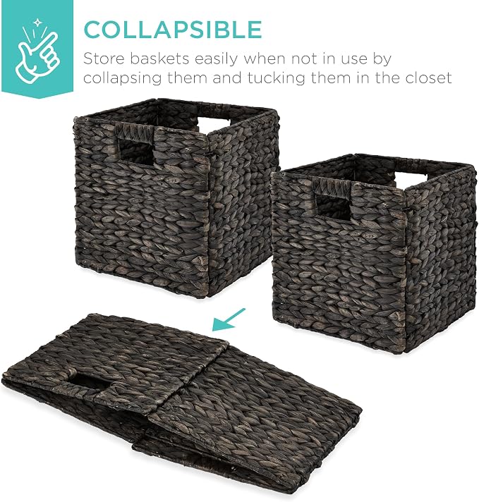 Best Choice Products 13x13in Pack of 5 Cube Storage Baskets, Water Hyacinth Multipurpose Collapsible Organizers, Handwoven Laundry Totes for Laundry, Living Room, Kids Room & Nursery - Black - Image 3
