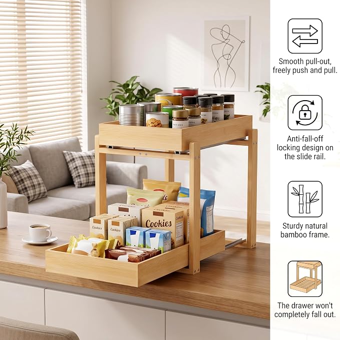 MHXW SXPN Bamboo Under Sink Organizer, 2 Pack Pull Out Cabinet Organizer | 2 Tier Vertical Smooth Slide Out Undersink Storage Shelf | Multi-Purpose Organizer Shelves for Kitchen Bathroom Medicine - Image 4