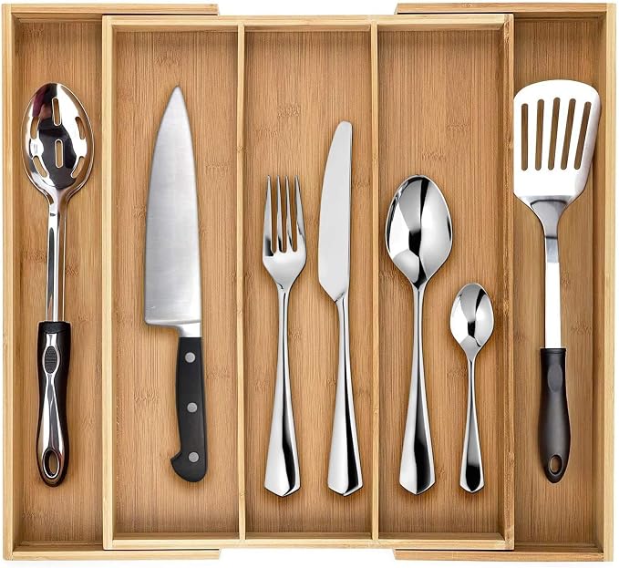 Purawood Premium Bamboo Drawer Organizer, 100% Pure Bamboo, Adjustable Utensil Organizer, Silverware Tray for Drawer (3-5 slots) by DYNAMICGEAR