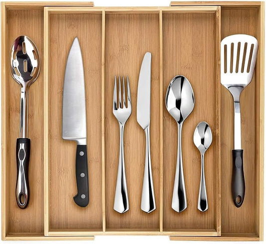 Purawood Premium Bamboo Drawer Organizer, 100% Pure Bamboo, Adjustable Utensil Organizer, Silverware Tray for Drawer (3-5 slots) by DYNAMICGEAR