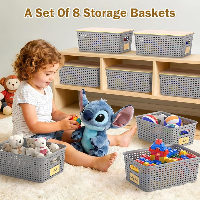 Stackable Storage Baskets: 8 Pack Plastic Baskets Bins, Gray | Decorative Baskets for Organizing, Pantry Decorative Containers for Closets, Cabinets, Shelves - Image 8