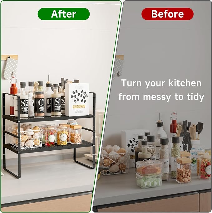 Expandable Kitchen Cabinet Shelf Organizer Rack, 16.5"-27" L x 8" W | Heavy-Duty Metal Expandable Shelf Holds 80 lb with 4 Height Levels for Kitchen Cabinet Cupboard Pantry Dish Mug - Image 5