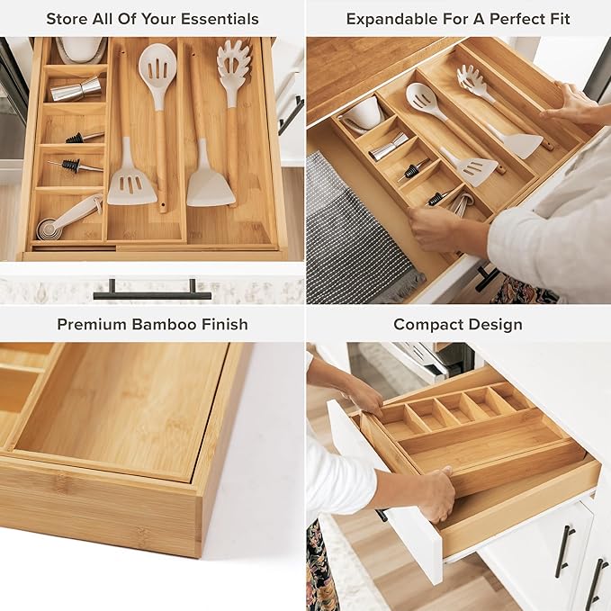 Utensil & Junk Drawer Organizer, 10.5-19 in, Bamboo | Food-safe contract grade, 100% sustainable wood, non-slip, adjustable - Image 3