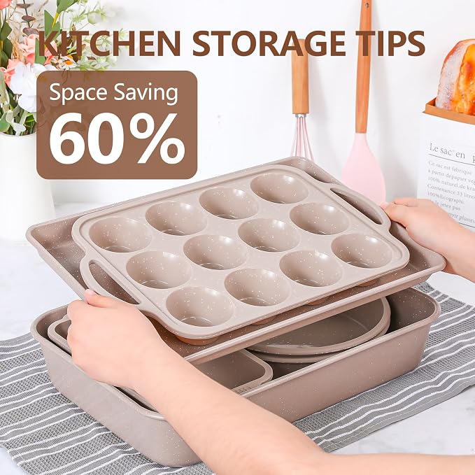 Vinino 6-Piece Baking Pans Set Nonstick, Bakeware Set includes Silicone Muffin, Loaf, Cake Pans with Metal Reinforced Frame. And includes Carbon Steel Roasting Pan, Cookie Sheet for Oven - Image 9