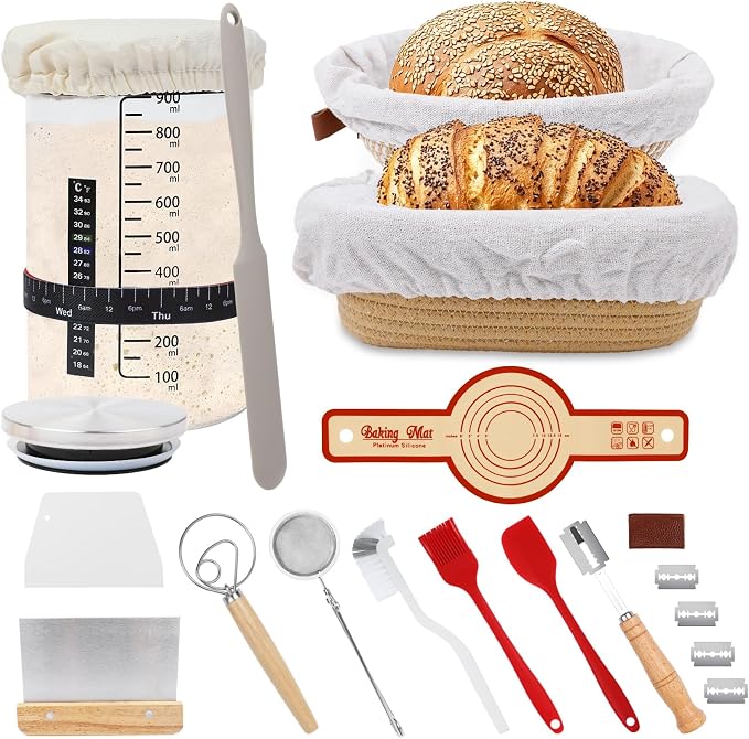 Sourdough Bread Baking Supplies, 23P Sourdough Starter Kit,30oz Sourdough Starter Jar Kit, Cotton Rope Banneton Bread Proofing Basket with Bread Lame, Scraper, Dough Whisk, Gifts for Bakers Women by VISTARAFT