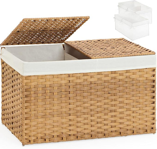 SETVSON Storage Basket with Lid, 2-Lid PE Rattan Storage Bin, Natural | 160L Storage Bin with 2 Separate Lids, 2 Removable Liners for Clothes & Blankets, Sturdy Metal Frame, PE Rattan by SETVSON