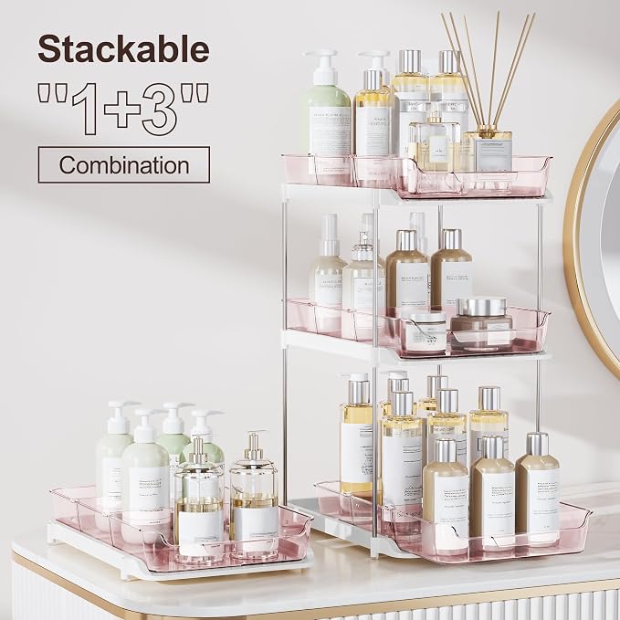 Delamu 2-Tier Multi-Purpose Bathroom Under Sink Organizers and Storage, Stackable Kitchen Pantry Organization, Pull Out Medicine Cabinet Organizer with Movable Dividers, Light Pink, 2 Pack - Image 3