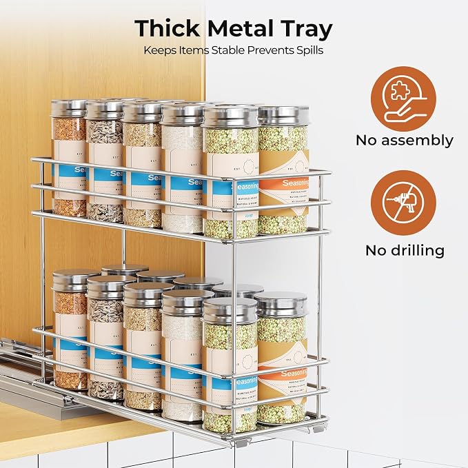 Mystozer Pull Out Spice Rack Organizer for Cabinet, Slide Out Spice Racks, Easy to Install, 4.33" Wx10.43 Dx8.66 H, 1 Drawer 2 Tiers(Silver) - Image 6