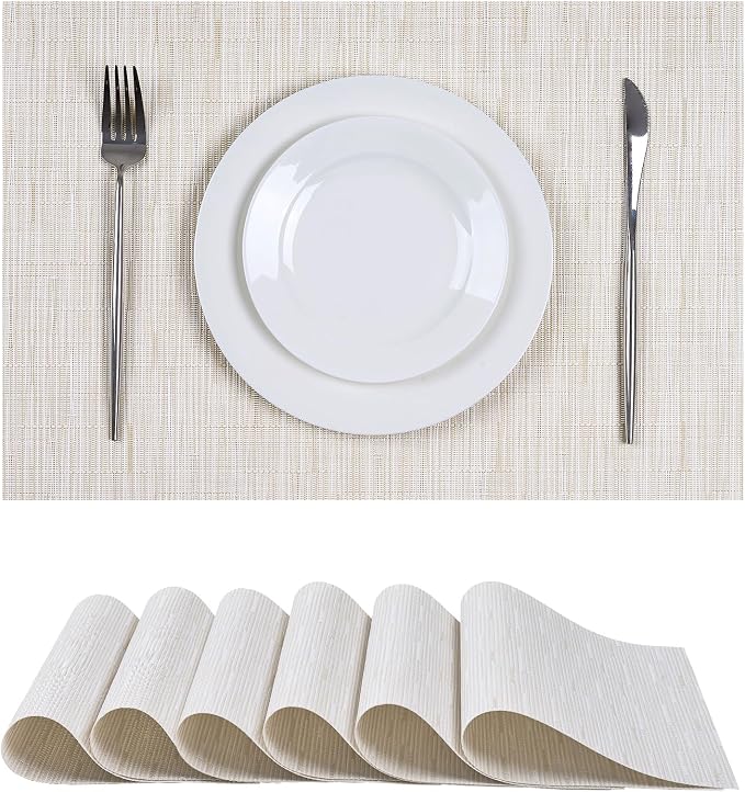 Leetaltree Pale Beige Placemats Set of 6 - Heat Resistant Non-Slip Place mats for Dining Table, Washable Durable PVC Vinyl Woven Table Mats（Pale Beige, 6） by Leetaltree-ArtatEveryTable