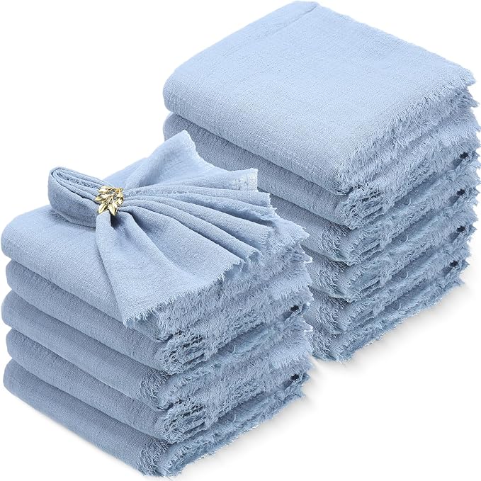 48 Pcs Cotton Linen Cloth Napkins with Fringe 16.5 x 16.5 Inch Square Rustic Dinner Linen Napkins Bulk for Wedding Party Banquet Dinner(Dusty Blue) by Buryeah