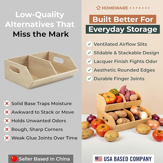 Potato and Onion Storage Bin for Pantry and Kitchen Counter - Ventilated Stackable Bamboo Organizer Baskets with Handles - Image 6