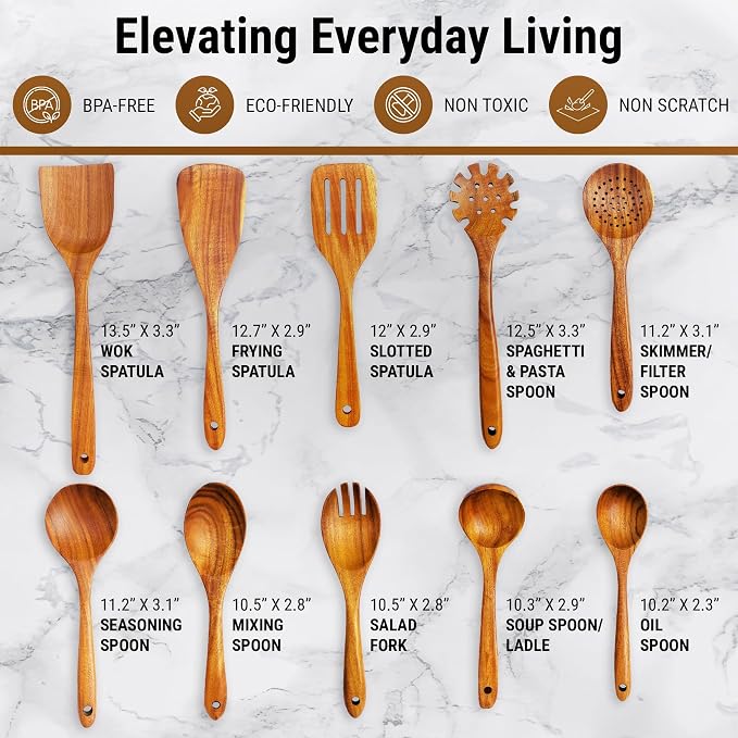 DADU BADU Teak Wooden Utensil Set of 10 – Non-Toxic Cooking Spoons & Spatulas for Nonstick Pans – Includes Pasta Spoon, Ladle, Skimmer – Premium Wood Kitchen Gift Set with Holder | Non-Toxic Cooking Spoons & Spatulas, for Nonstick Pans, Includes Pasta ... - Image 2