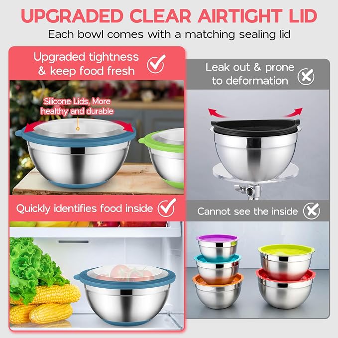 Onader Colorful Mixing Bowl Set of 6 for Kitchen, Large Stainless Steel Metal Nesting Mixing Bowls with Airtight Lids, Non Slip - Size 0.7, 1, 1.5, 2, 2.6, 4.6QT - Image 6