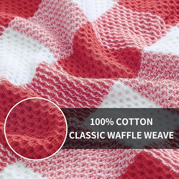 Homaxy Kitchen Towels and Dishcloths Set, Set of 8, White & Red | Bulk Cotton Waffle Weave Check Plaid Kitchen Towels, Super Soft and Absorbent Dish Cloths, 12 x 12 and 13 x 28 Inches - Image 4