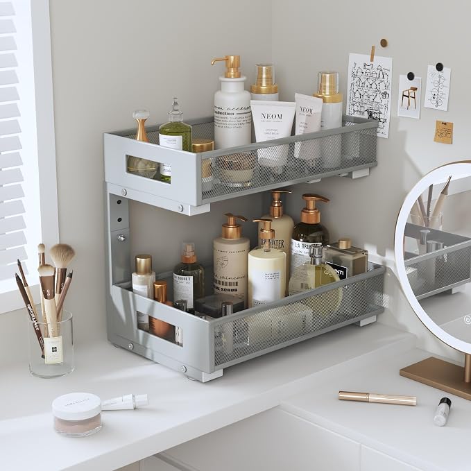 2-Pack Under Sink Organizers And Storage,Large Capacity 2-Tier Pull-Out Cabinet Organizer With Upgraded Tube Rails,Adjustable Height Sliding Drawers,Sturdy Mesh Shelves For Kitchen&Bathroom-Grey - Image 8