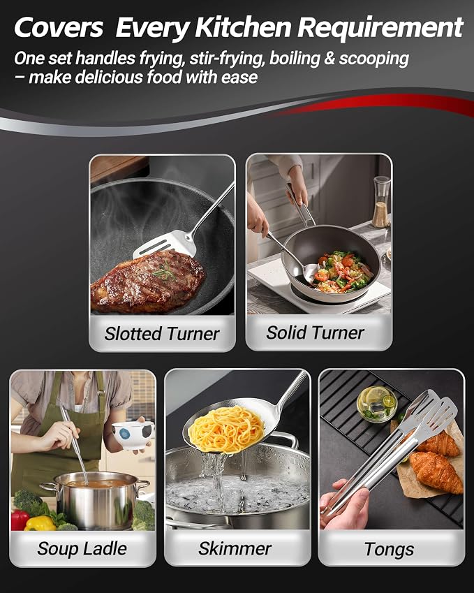 304 Stainless Steel Kitchen Utensils Set, 11PCS All Metal Cooking Tools Set with Tongs, Turner, Ladle, Skimmer & Serving Spoon, 15" Long Handle Dishwasher Safe Kitchen Utensil Starter Set - Image 3