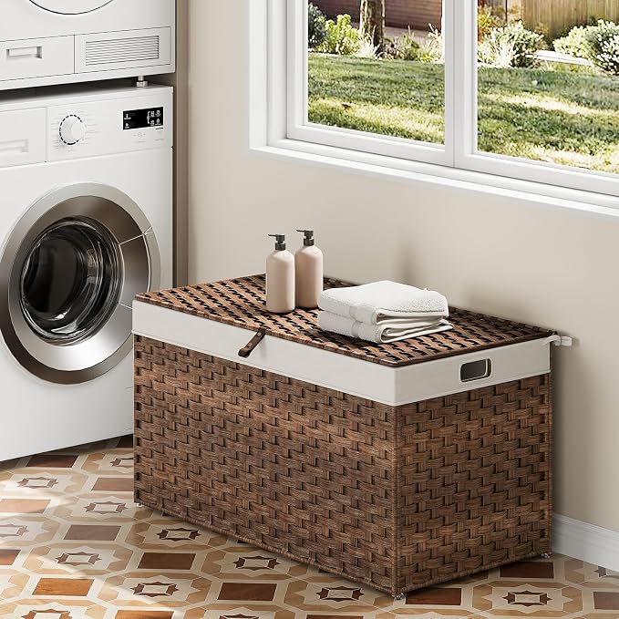 HOOBRO Storage Basket with Lid, 42.3 Gallon (160L) Wicker Basket, Handwoven Blanket Storage Basket with Handles, Metal Frame and Soft Lining, Foldable for Bedroom, Laundry Room, Brown BR216CW01 - Image 2