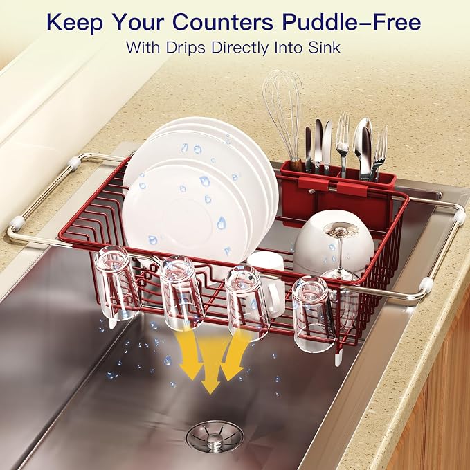 Red Dish Drying Rack Over The Sink with Utensil Holder | Expandable Stainless Steel Dish Drainer for Small Kitchen, Apartment, RV, Counter Space Saving, Perfect Fit, Rustproof - Image 8