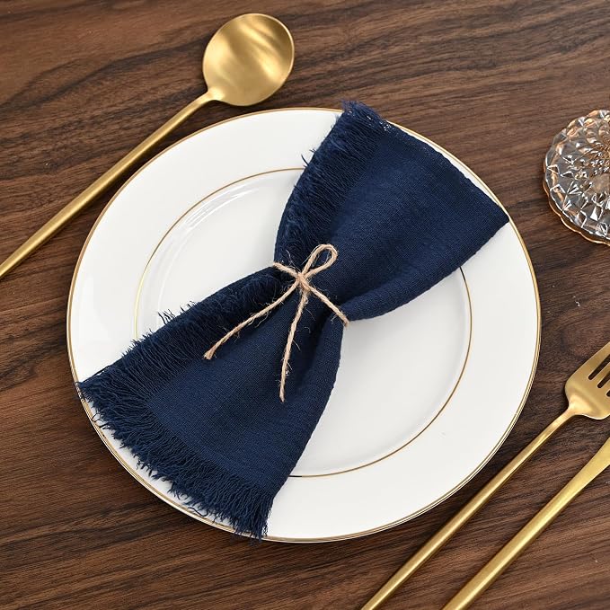 36 Pack Navy Blue Cotton Linen Napkins - 16 x 16 Inch Fringed Soft Washable Rustic Dinner Napkins for Wedding Party Dinner Table - Image 3